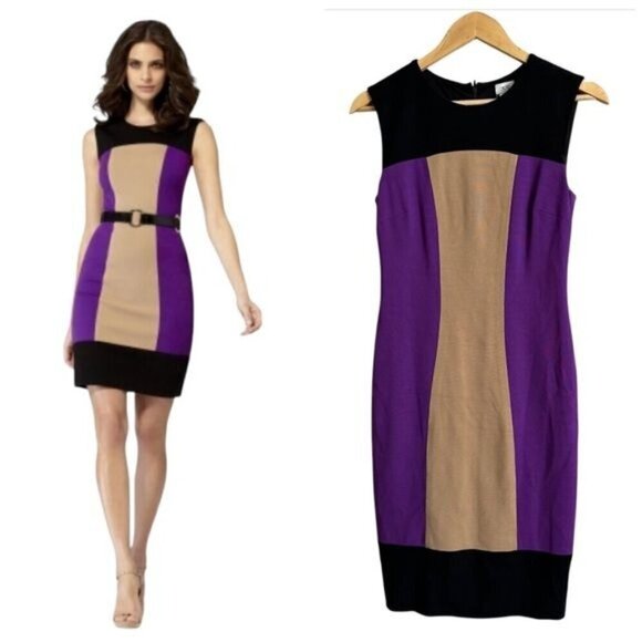 Cache Women's Size 2 Purple Black Tan Contour Colorblock Dress SheathFitted! - Picture 10 of 10